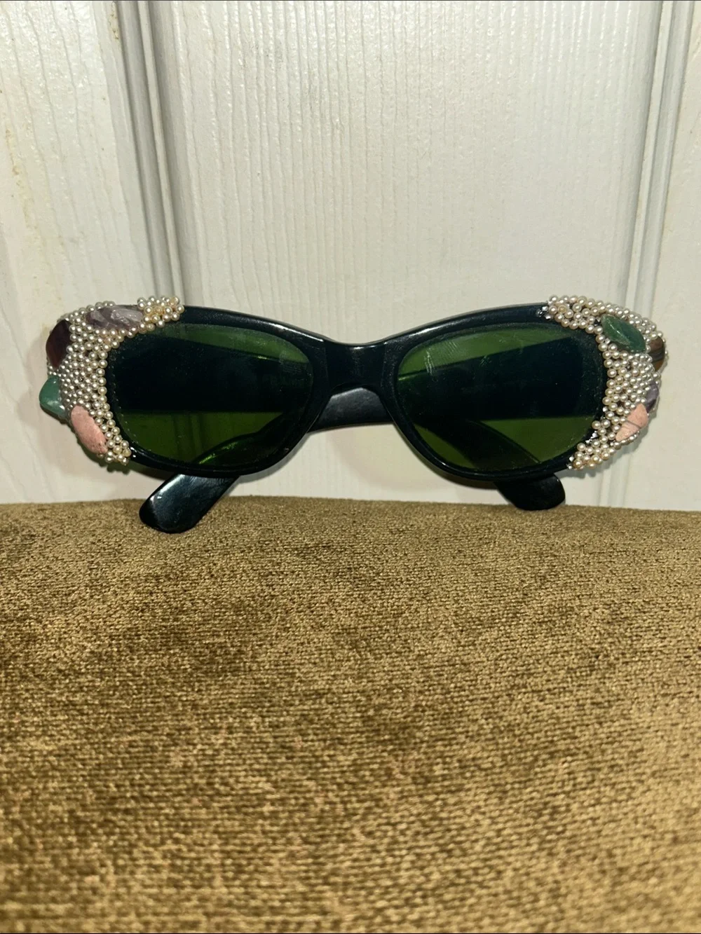 Solflex Black Cat-Eye Sunglasses with Green Lenses and Pearl Bead Embellishment